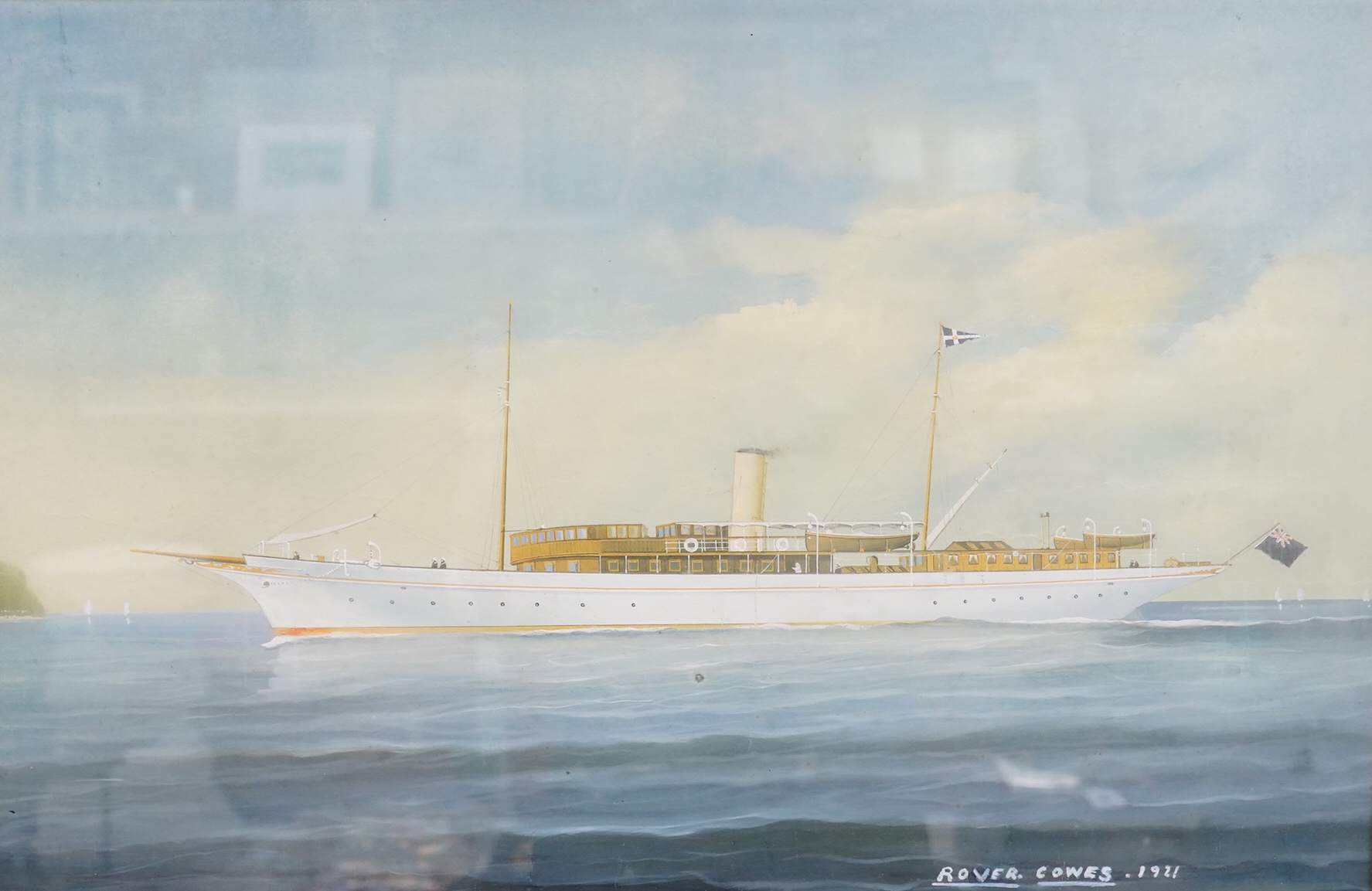 Attributed to Luca Papaluca (Italian, 1890-1934), The steam yacht Rover, wearing the burgee and the blue ensign of the Royal Thames Yacht club, inscribed with title and Cowes,1921, watercolour and gouache, 36 x 55cm